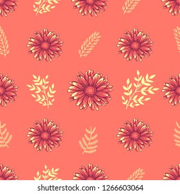 Seamless decorative floral pattern with pink daisy flowers on pink background and golden leaves