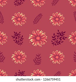 Seamless decorative floral pattern with pink daisy flowers on violet background