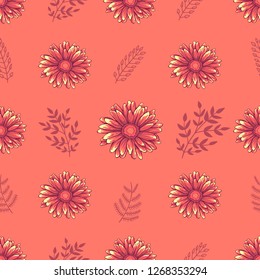 Seamless decorative floral pattern with pink daisy flowers and leaves on light orange background 
