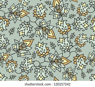 Seamless decorative floral pattern with stylized floral buds, golden - grey colors