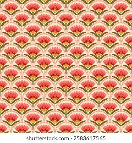 Seamless decorative flower motif featuring warm red petals and green leaves on a soft cream background. Perfect for textiles, wallpaper, stationery, or digital prints.