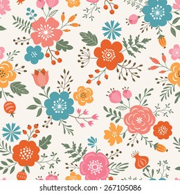 Seamless decorative flowers pattern on light colored background.