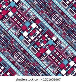Seamless decorative geometric pattern with abstract cartoon men. Colored background. Vector illustration