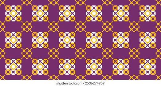 Seamless decorative geometric pattern combination of orange and white shapes on purple color background. Perfect for printing, design backgrounds, wallpaper and tiles, gift wrapping