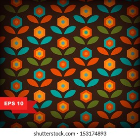 Seamless decorative geometric pattern with flowers on dark background