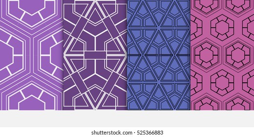 Seamless decorative geometry pattern set. Hexagon ornament. purple color. Vector illustration. Texture for design wallpaper.