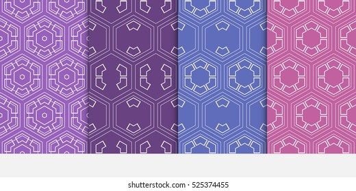 Seamless decorative geometry pattern set. Hexagon ornament. purple color. Vector illustration. Texture for design wallpaper.