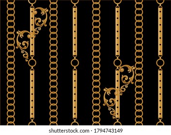 Cadenas barrocas doradas y de decoración impecables sobre fondo negro.EPS10 Ilustración.