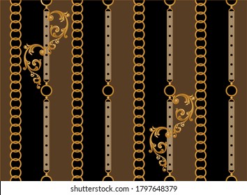 Seamless decorative golden baroque chains on black background.EPS10 Illustration.