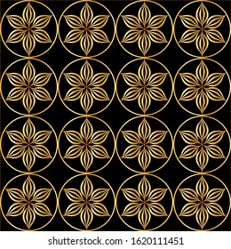 Seamless decorative golden flowers pattern on black background.EPS10 Illustration.