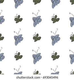 Seamless decorative hand drawn butterfly art illustrations. Good for design texture & background. Cartoon style vector graphic.
