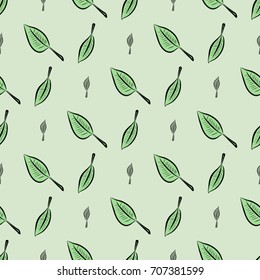 Seamless decorative hand drawn leaves art illustrations. Good for design texture & background. Cartoon style vector graphic.