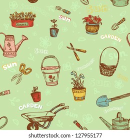 Seamless decorative hand drawn pattern with garden tools. Endless cartoon texture, template for design textile, wrapping paper, packages, backgrounds