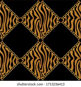 Seamless decorative leopard pattern of golden motif with chains on black background.EPS10 Illustration.