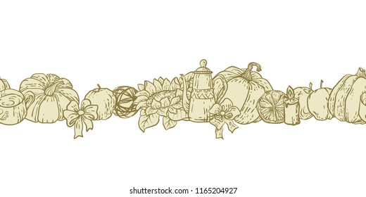 Seamless decorative line with background in vector with household things for autumn harvest season in graphic illustration