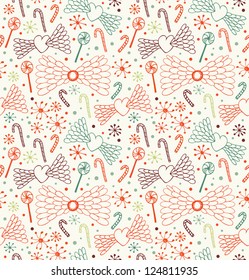 Seamless decorative love pattern. Cute background with hearts, angel wings, lollipops, sugarplums and snowflakes. Endless doddle texture