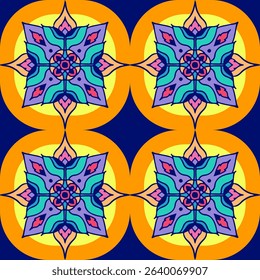 Seamless decorative mandala tile pattern with a vibrant geometric floral design. Inspired by traditional Eastern motifs and bold contemporary colors, this vector is ideal for wallpapers, fabric prints