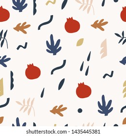 Seamless decorative modern aesthetic pattern with pomegranates. Scandi decor. Wall art, wallpaper, packaging paper design. Scandinavian colors palette, vector EPS illustration.