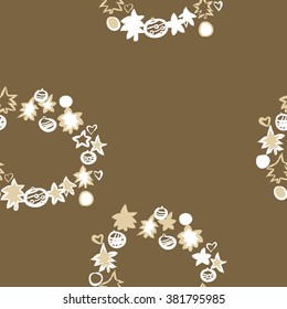 Seamless decorative motif, garland,spruces, balls, stars,hearts, spots, hole,pattern, copy space. Hand drawn.