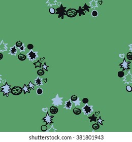 Seamless decorative motif, garland,spruces, balls, stars,hearts, spots, hole,pattern, copy space. Hand drawn.