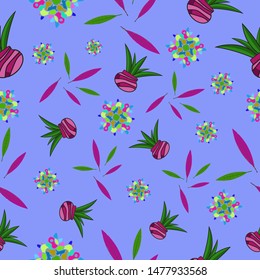 Seamless decorative nature botanical pattern plants in pots colorful leaves on smooth blue background for wrapping, print, textile, wallpaper endless repeat texture