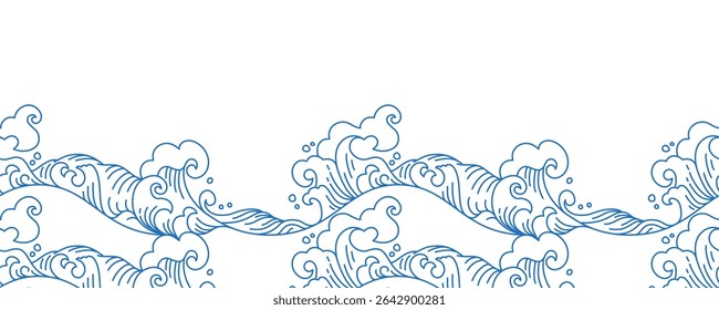 Seamless decorative ocean wave border in hand-drawn Japanese style. Elegant marine pattern for design, print, or textile projects.