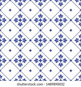 Seamless decorative ornament blue on white. Pattern for printing on paper, fabrics, ceramic tiles, wallpaper, packaging, for decorating albums. Texture for background design. Vector illustration.