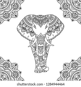 Seamless decorative ornament in ethnic oriental style. Circular pattern in form of mandala and African elephant for Henna, Mehndi, tattoo, decoration.