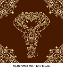 Seamless decorative ornament in ethnic oriental style. Circular pattern in form of mandala and African elephant for Henna, Mehndi, tattoo, decoration.
