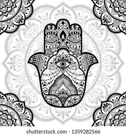 Seamless decorative ornament in ethnic oriental style. Circular pattern in form of mandala with Hamsa hand drawn symbol for Henna, Mehndi, tattoo, decoration.