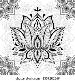 Seamless decorative ornament in ethnic oriental style. Circular pattern in form of mandala and Lotus flower for Henna, Mehndi, tattoo, decoration.