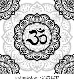 Seamless decorative ornament in ethnic oriental style. Circular pattern in form of mandala with ancient symbol Hindu mantra OM for Henna, Mehndi, tattoo, decoration. Outline doodle vector illustration