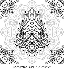 Seamless decorative ornament in ethnic oriental style. Circular pattern in form of mandala and Lotus flower for Henna, Mehndi, tattoo, decoration. Doodle outline hand draw vector illustration.