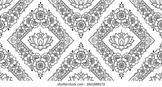 Seamless decorative ornament in ethnic oriental style. Circular pattern in form of mandala and Lotus flower for Henna, Mehndi, tattoo, decoration. Doodle outline hand draw vector illustration.