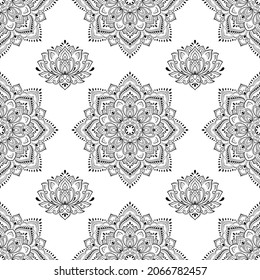 Seamless Decorative Ornament In Ethnic Oriental Style. Circular Pattern In Form Of Mandala And Lotus Flower For Henna, Mehndi, Tattoo, Decoration. Doodle Outline Hand Draw Vector Illustration.