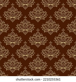Seamless decorative ornament in ethnic oriental style. Lotus flower for Henna, Mehndi, tattoo, decoration. Doodle outline hand draw vector illustration.