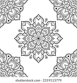 Seamless decorative ornament in ethnic oriental style. Circular pattern in form of mandala and flower for Henna, Mehndi, tattoo, decoration. Doodle outline hand draw vector illustration.