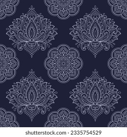 Seamless decorative ornament in ethnic oriental style. Lotus flower and mandala for Henna, Mehndi, tattoo, decoration. Doodle outline hand draw vector illustration.