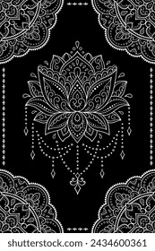 Seamless decorative ornament in ethnic oriental style. Circular pattern in form of mandala and Lotus flower for Henna, Mehndi, tattoo, decoration. Doodle outline hand draw vector illustration.