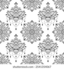 Seamless decorative ornament in ethnic oriental style. Lotus flower and mandala for Henna, Mehndi, tattoo, decoration. Doodle outline hand draw vector illustration.