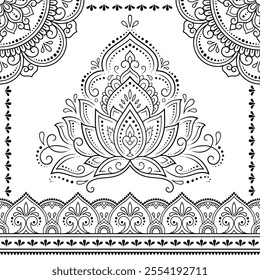 Seamless decorative ornament in ethnic oriental style. Lotus flower and mandala for Henna, Mehndi, tattoo, decoration. Doodle outline hand draw vector illustration.