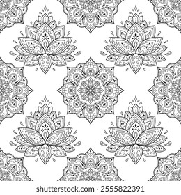 Seamless decorative ornament in ethnic oriental style. Lotus flower and mandala for Henna, Mehndi, tattoo, decoration. Doodle outline hand draw vector illustration.