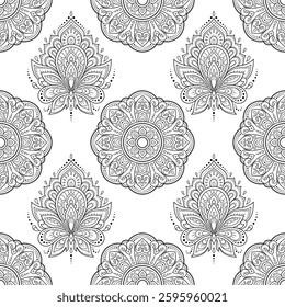 Seamless decorative ornament in ethnic oriental style. Lotus flower and mandala for Henna, Mehndi, tattoo, decoration. Doodle outline hand draw vector illustration.