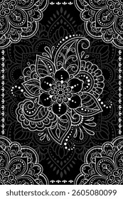 Seamless decorative ornament in ethnic oriental style. Lotus flower and mandala for Henna, Mehndi, tattoo, decoration. Doodle outline hand draw vector illustration.