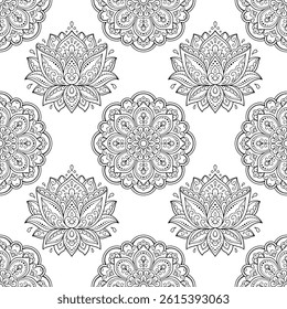 Seamless decorative ornament in ethnic oriental style. Lotus flower and mandala for Henna, Mehndi, tattoo, decoration. Doodle outline hand draw vector illustration.