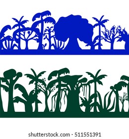 Seamless decorative ornament of tropical tree silhouettes. Trees seamless pattern. Exotic plants background. Banyan tree, coco palm, sequoia, oak. Jungle tree silhouettes. Forest landscape backdrop