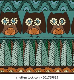 Seamless decorative ornamental pattern with image of a owls, birds and trees in line. Primitive outline pictures by hand. Folk style. Vector illustration.