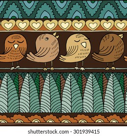 Seamless decorative ornamental pattern with image of a birds and trees in line. Primitive outline pictures by hand. Folk style. Vector illustration.