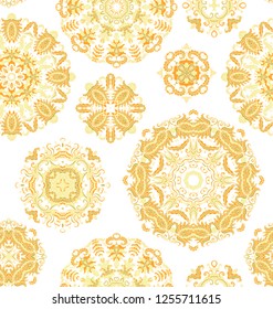 Seamless decorative paisley pattern with ornamental rosettes - mandala on white background