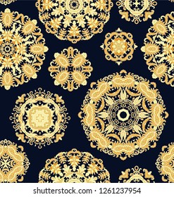 Seamless decorative paisley pattern with ornamental rosettes - mandala on white background